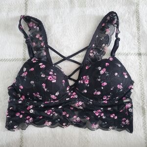 Victoria's Secret PINK Black Lace Bralette with Pink Floral Design